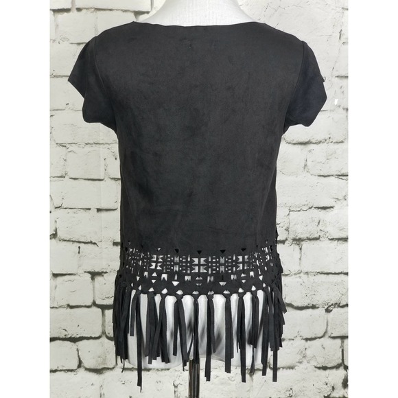Hippie Boho Faux-Suede Fringe Festival Top Black Medium - Picture 7 of 9